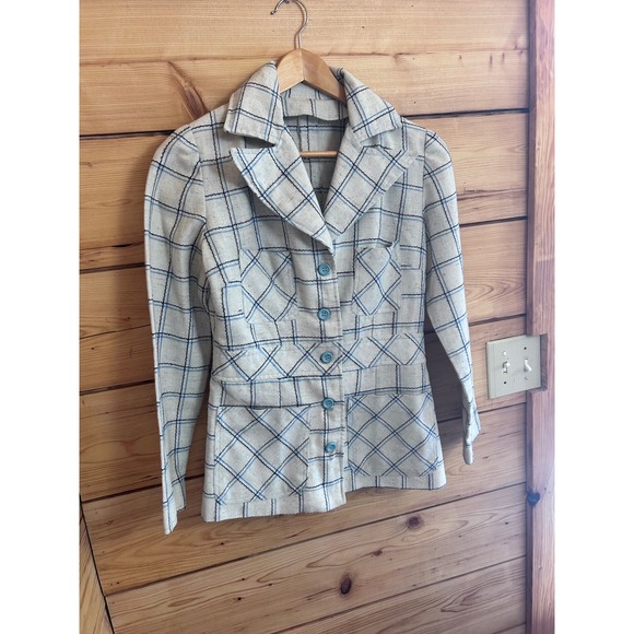 Vintage Plaid Linen Blazer Blue White Windowpane Check Tailored Jacket Handmade - Picture 3 of 11